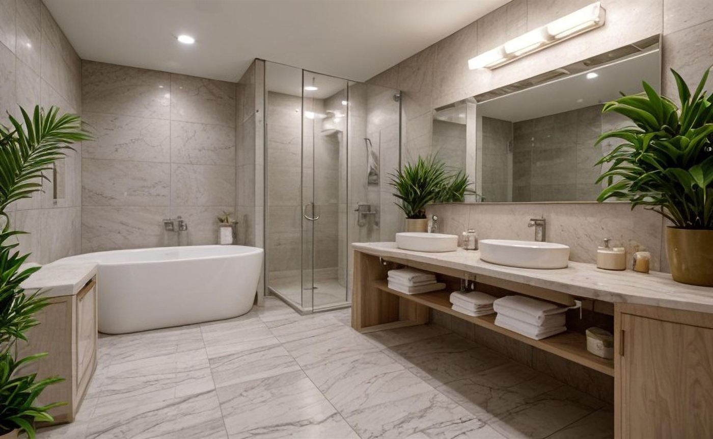 Renovated spa-style bathroom with walk-in shower in Philadelphia